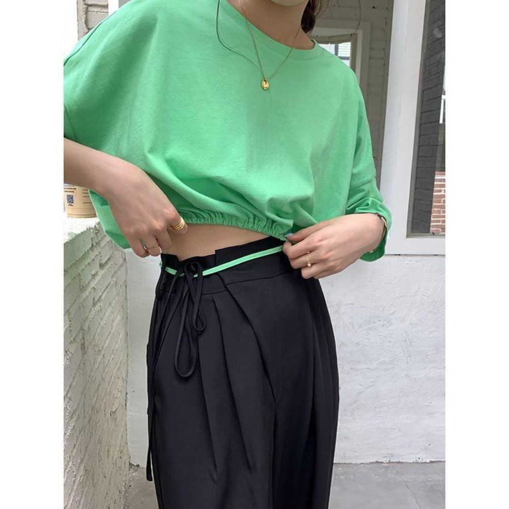 Green Cropped Drawstring Short-Sleeve Top - Picture 8 of 9